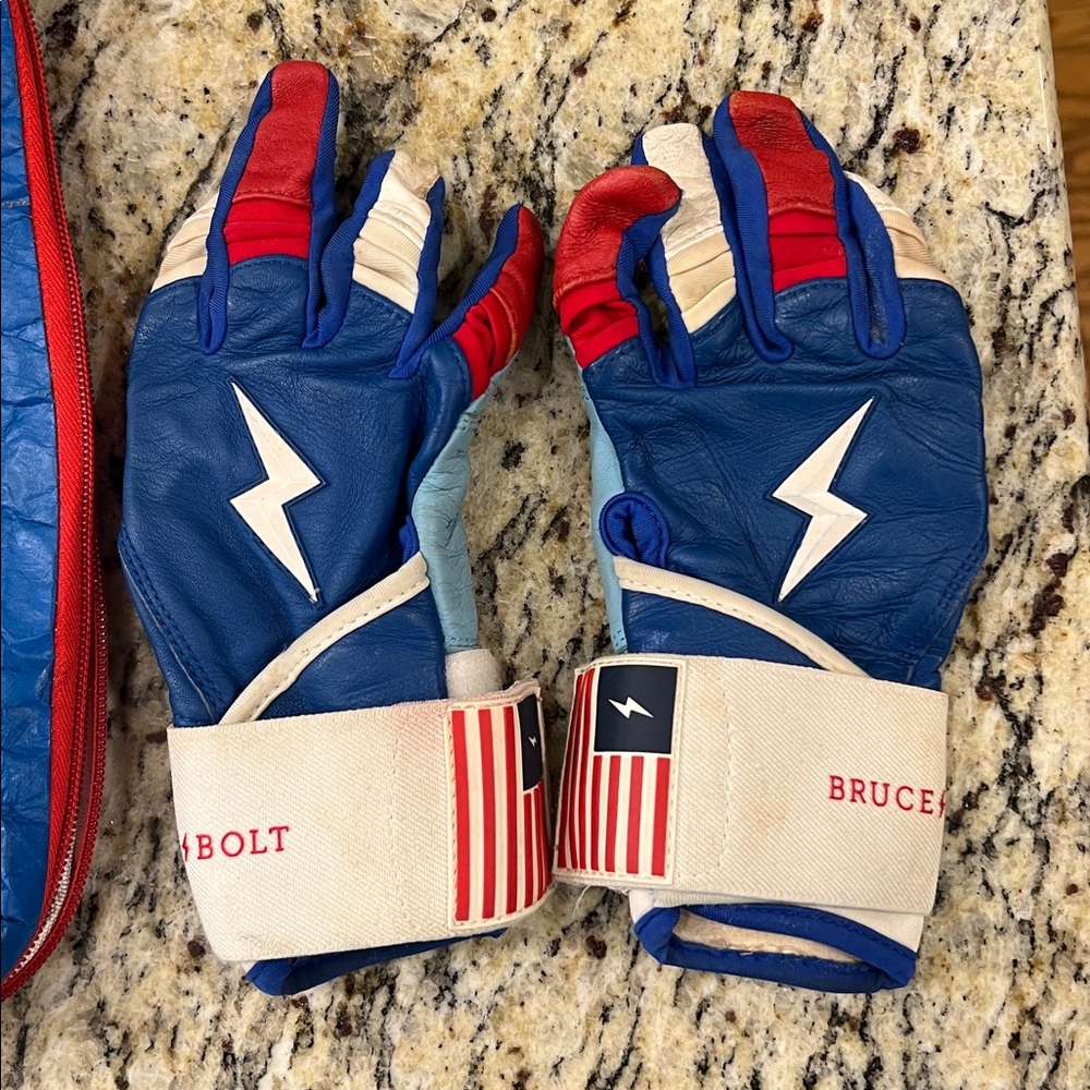Bruce Bolt Blue and Red Batting Gloves
